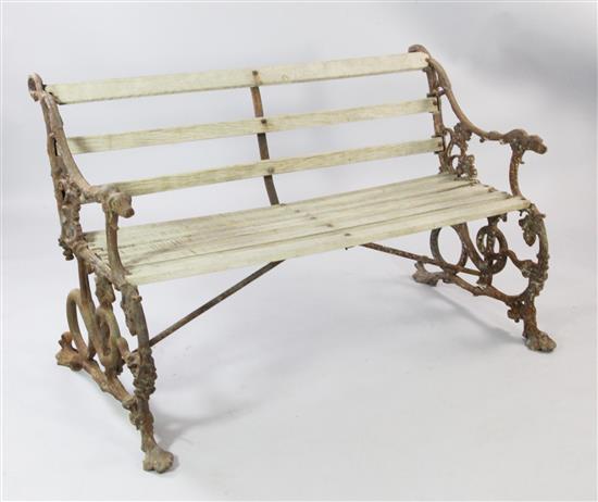 A Victorian Coalbrookdale cast iron grape and serpent garden bench, W.4ft 3in.